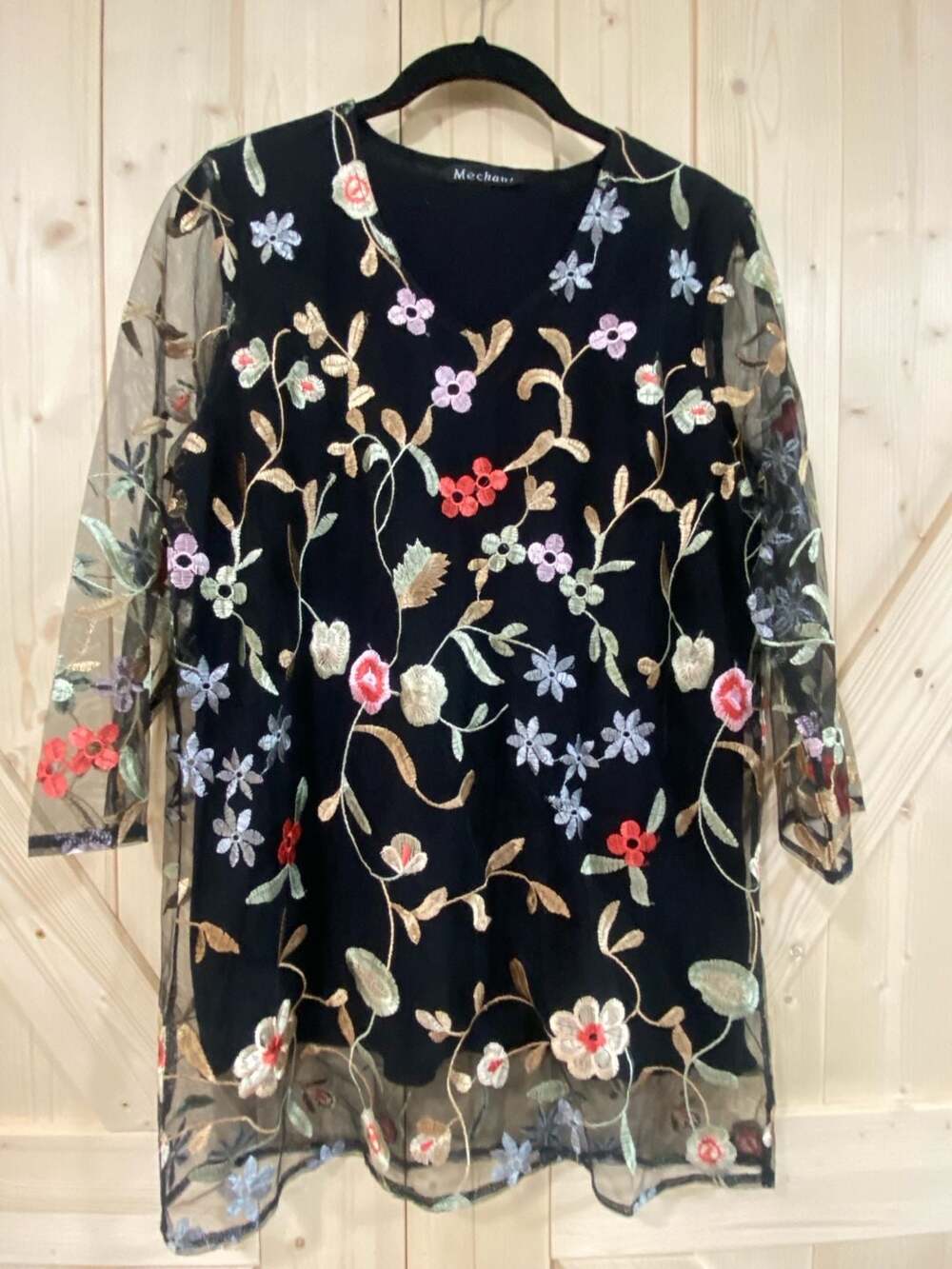 Mechant Black Floral Embroidered Mesh Overlay Longline Evening Tunic Top medium